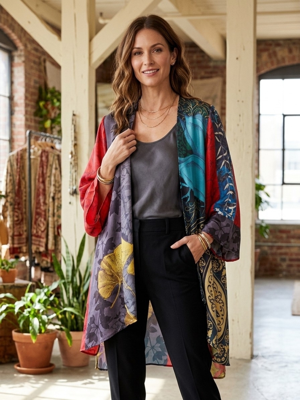 Aria A. Colorful Floral Patchwork Kimono Jacket - Multicolor Poly
